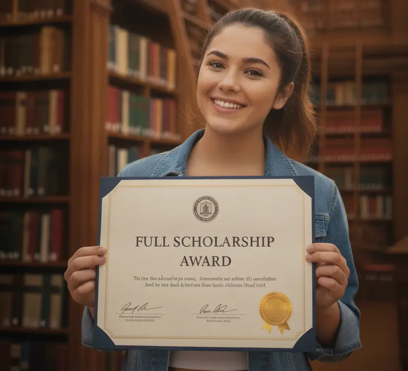 Student with Scholarship Award in Library 002.webp